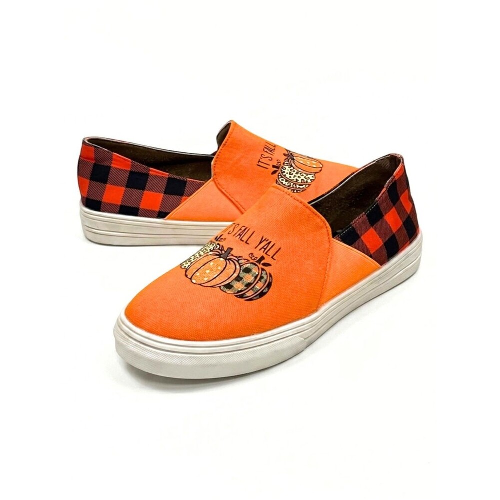 Orange Pumpkin “It’s Fall Y’all” Buffalo Plaid Canvas Slip On Sneakers Size 9.5